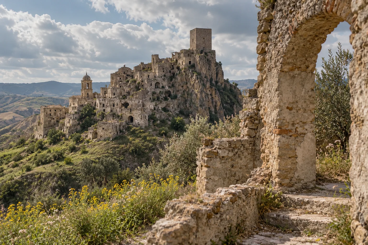 The abandoned town of Craco on its rock ridge, with the square tower on the summit
