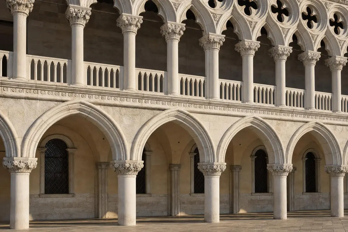 The Gothic arcades and quatrefoil tracery of the Doge’s Palace in Venice