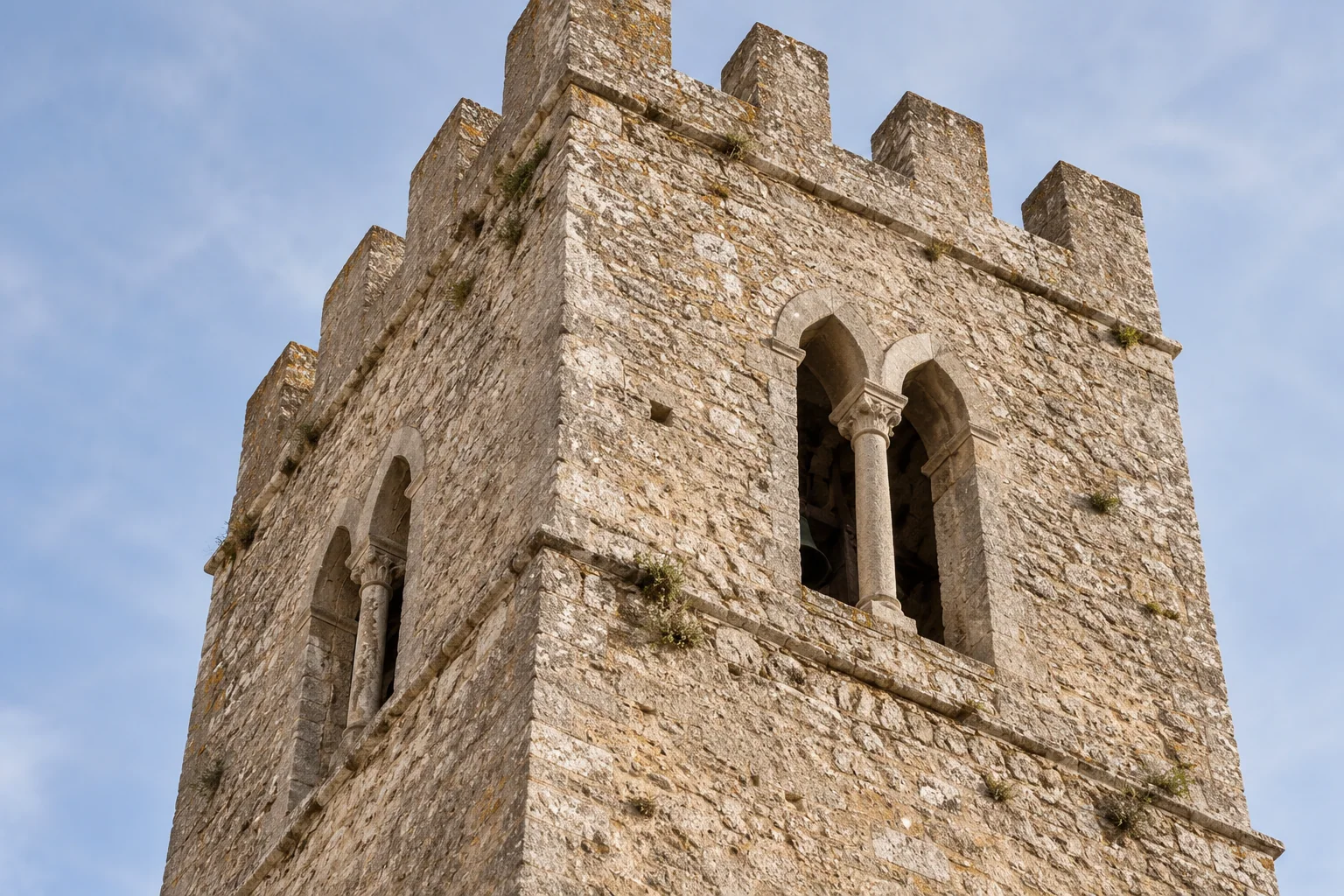 Rough limestone and narrow windows define the medieval bell tower beside the Chiesa Madre.