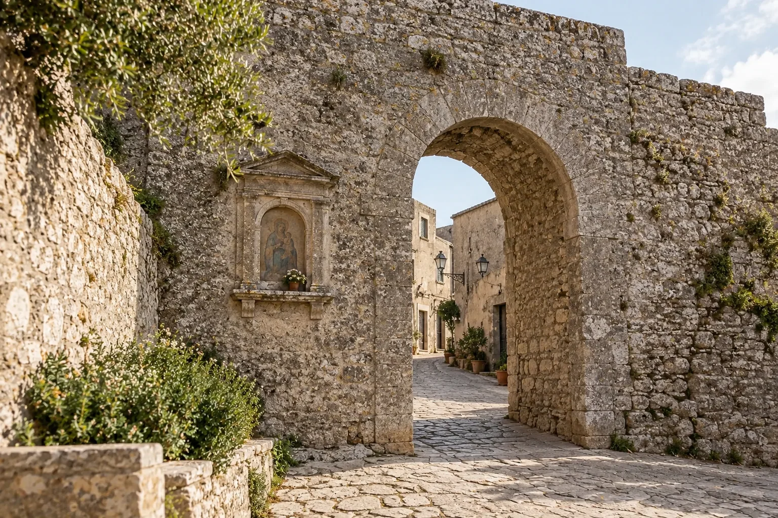 Porta Trapani, a broad stone gateway in Erice's ancient walls