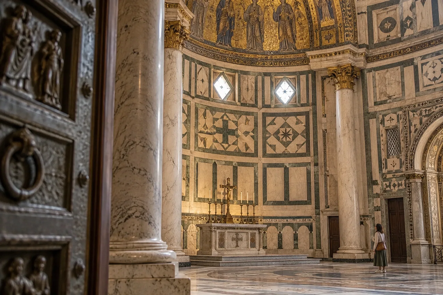 The apse of the Baptistery with geometric green and white marble panels, a simple altar and gilded capitals
