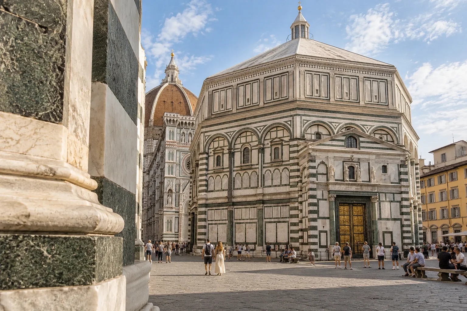 The octagonal Baptistery of San Giovanni in Piazza del Duomo, banded in white and green marble, with visitors in the square