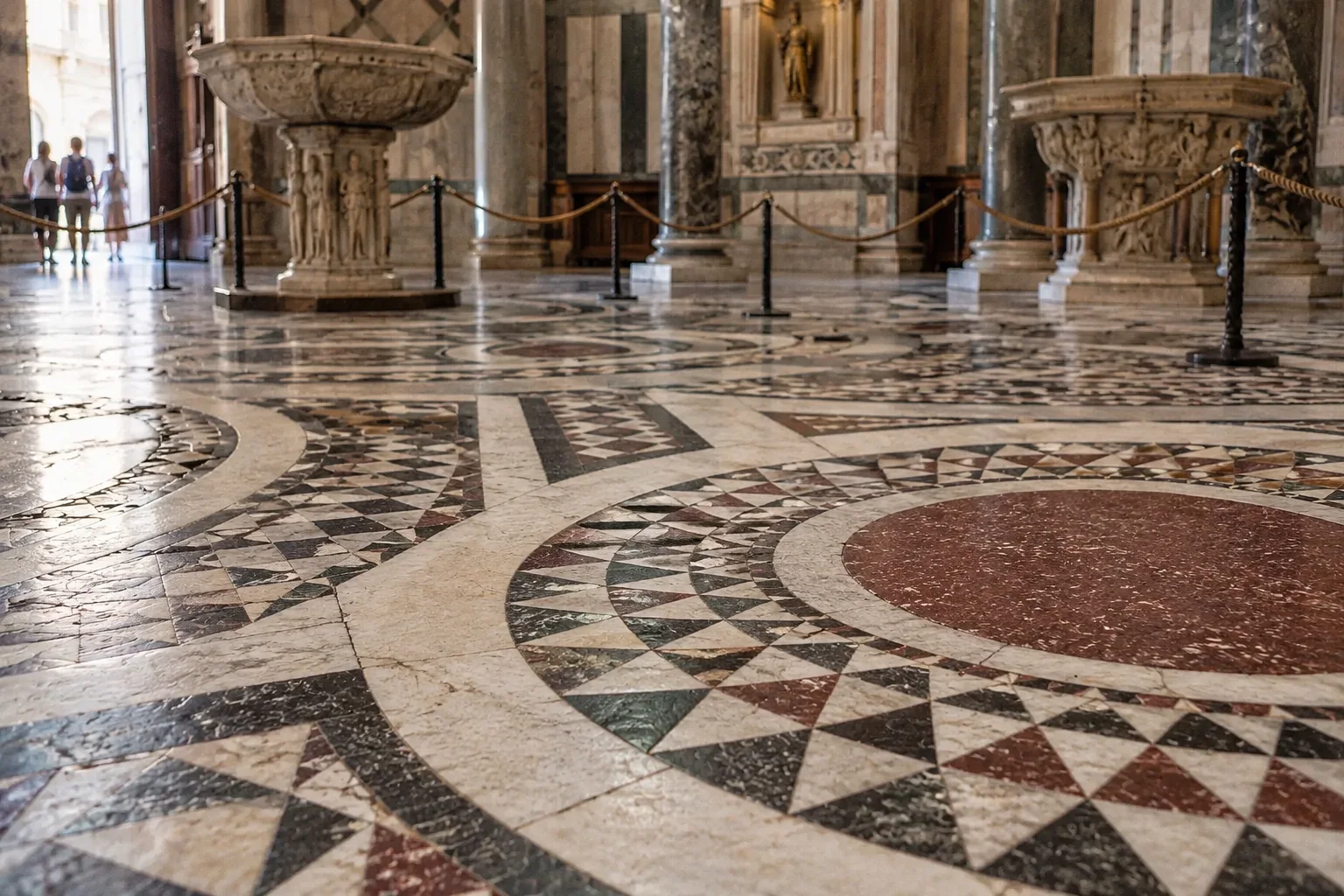 The inlaid marble floor of the Baptistery: a round medallion of black, white and red triangles around a red disc