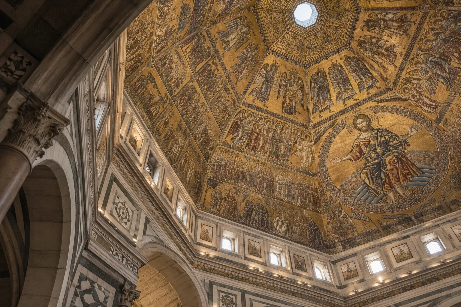 Looking up into the gold mosaic dome of the Florence Baptistery with its enthroned Christ and central oculus