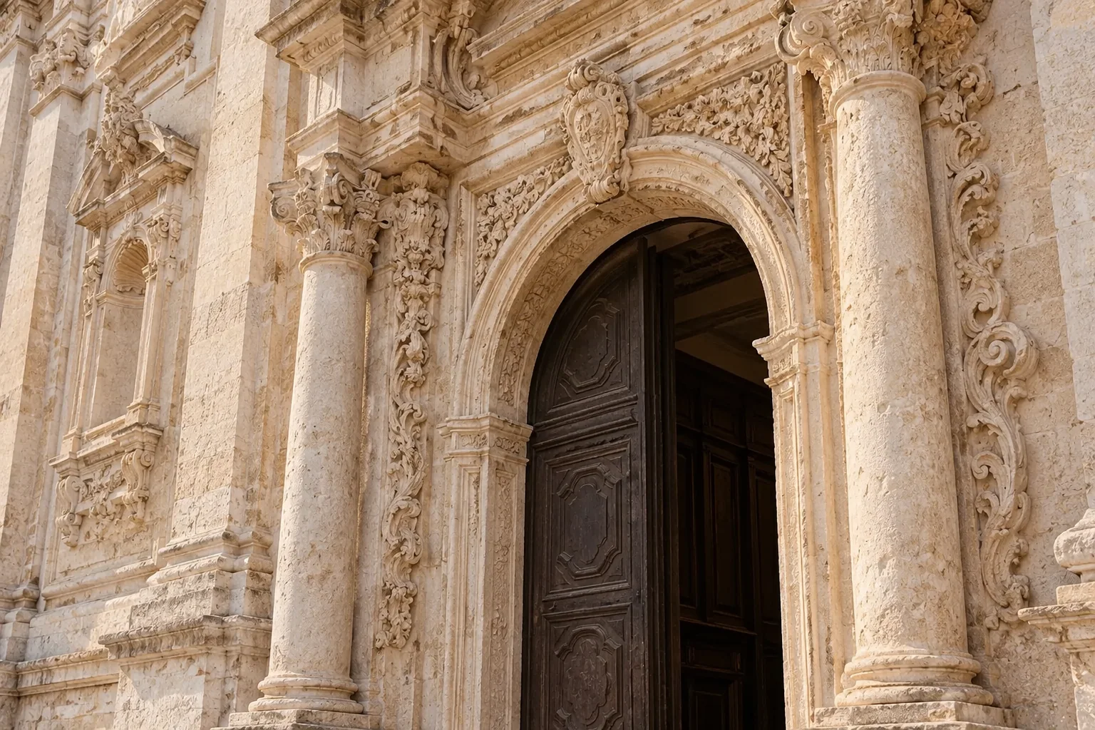 Warm limestone carving frames a dark doorway at Sant’Agata.