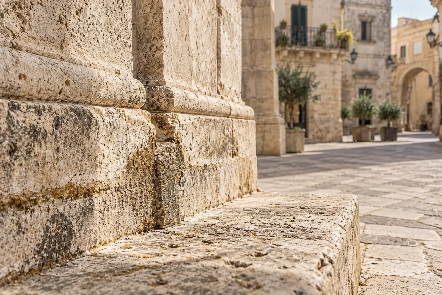 A close angled detail of weathered limestone at Gallipoli’s Greek Fountain