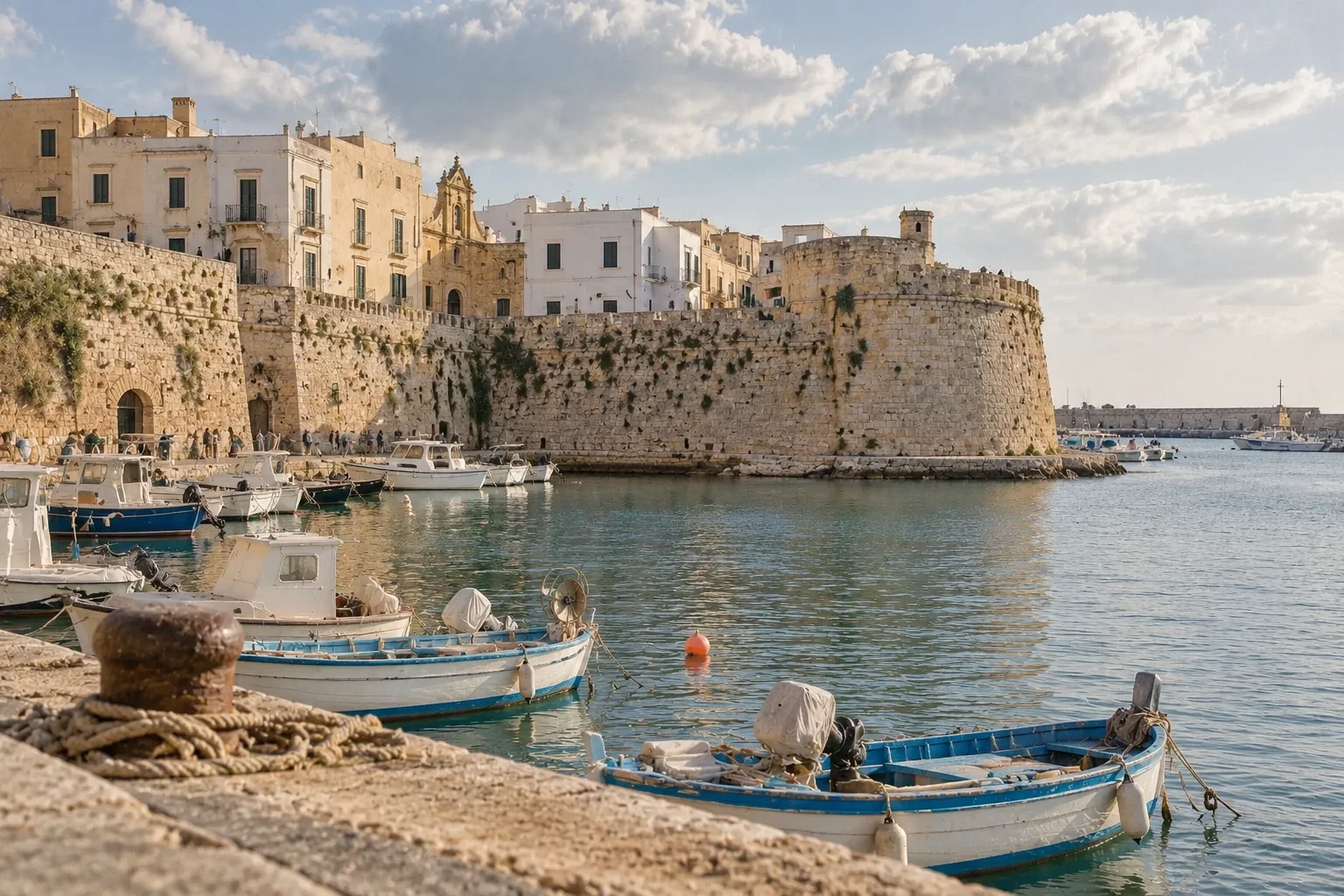 The honey-coloured ramparts of Gallipoli old town rising above the fishing harbour