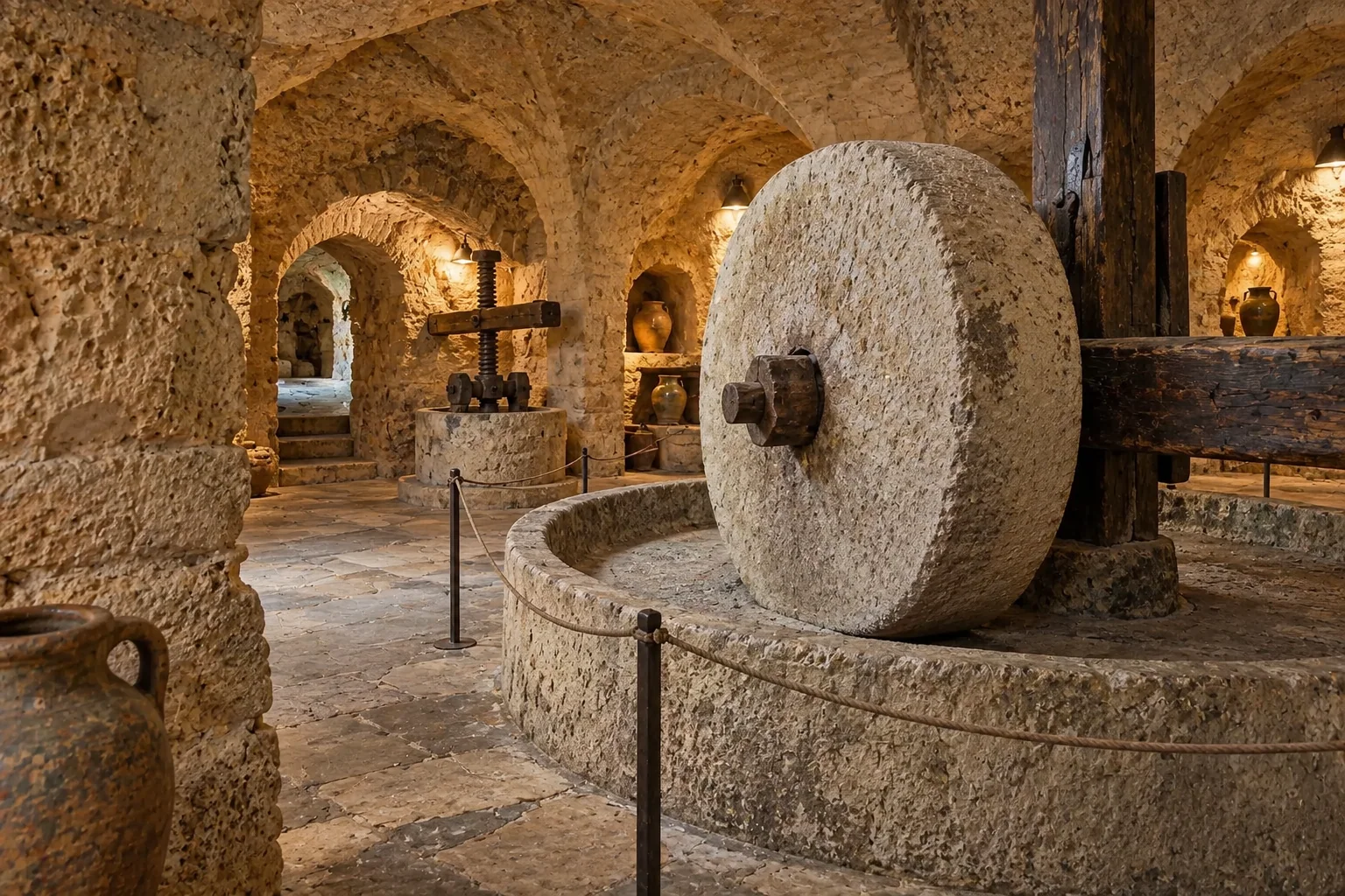 A great stone millwheel inside a rock-cut underground oil mill in Gallipoli
