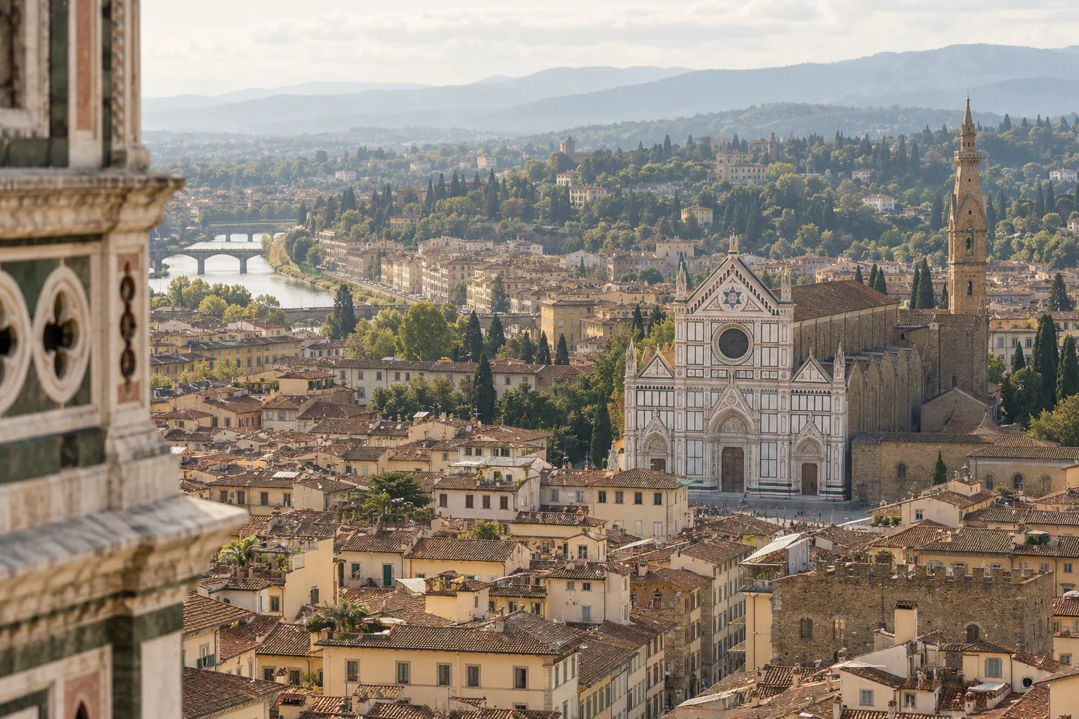View from the top of Giotto’s Campanile over Florence’s roofs toward the marble facade of Santa Croce and the hills
