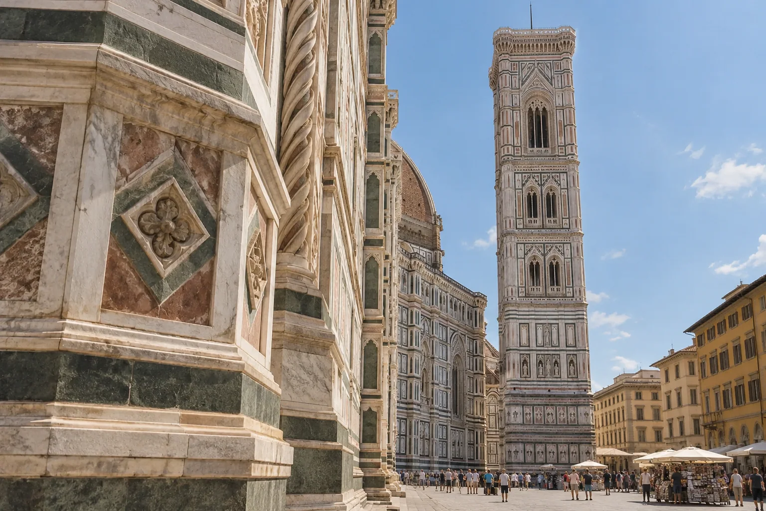 Giotto’s Campanile rising beside the marble flank of the cathedral in Piazza del Duomo