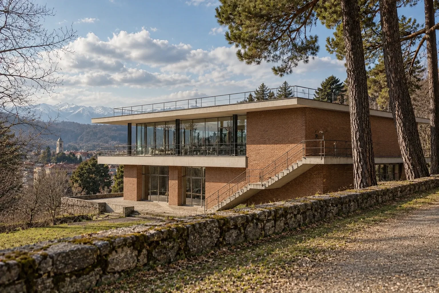 The former Olivetti canteen, a low brick and glass pavilion in Ivrea