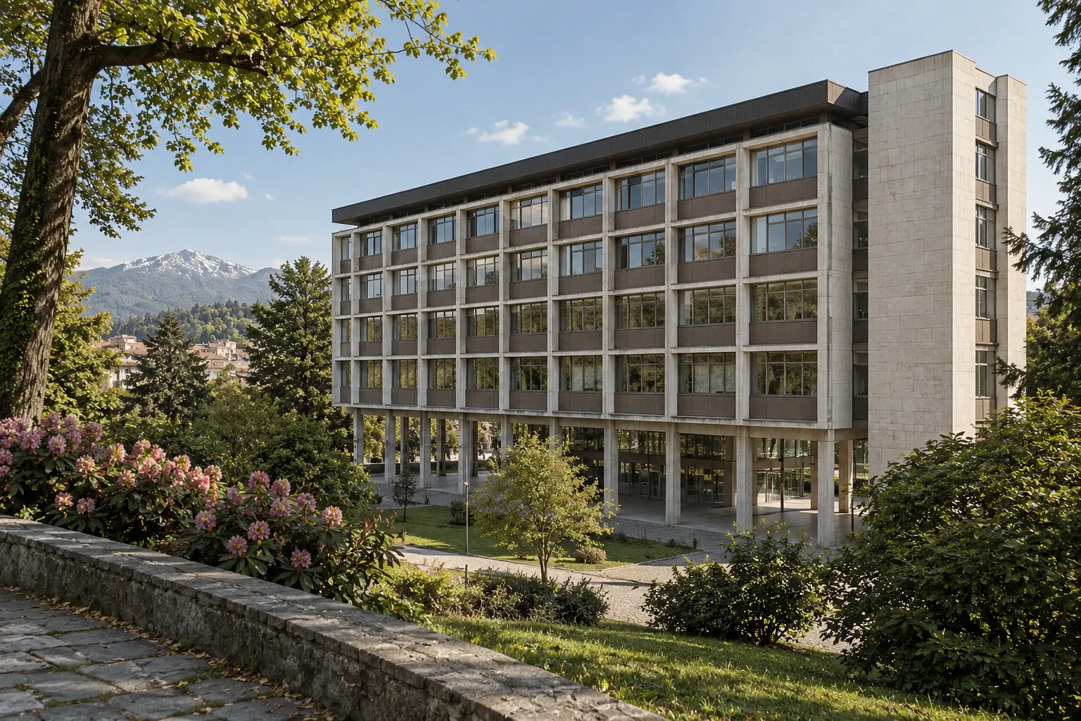 The Olivetti Palazzo Uffici in Ivrea, a modernist office block on slim pilotis