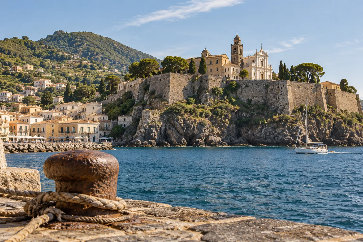 The walled acropolis of Lipari seen from the sea, with the cathedral behind the ramparts
