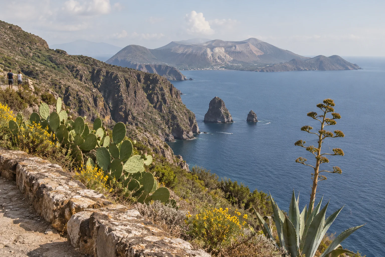 The view from the Quattrocchi viewpoint over cliffs and sea toward Vulcano