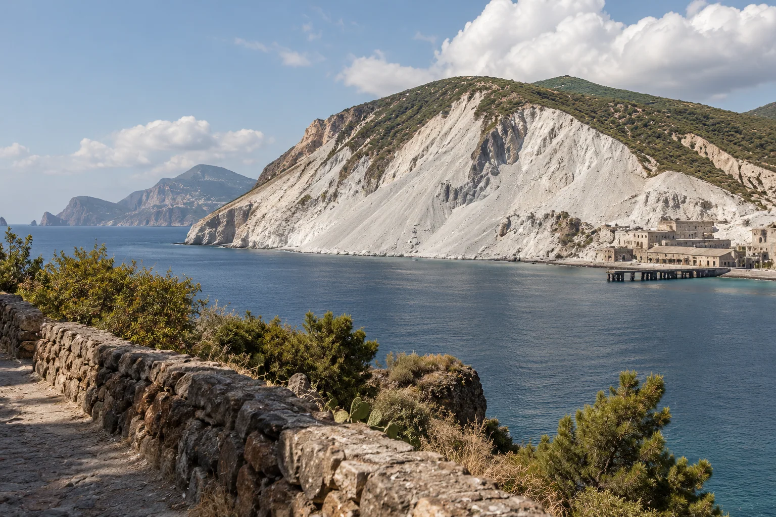 The white pumice mountain on the coast of Lipari above a calm blue sea