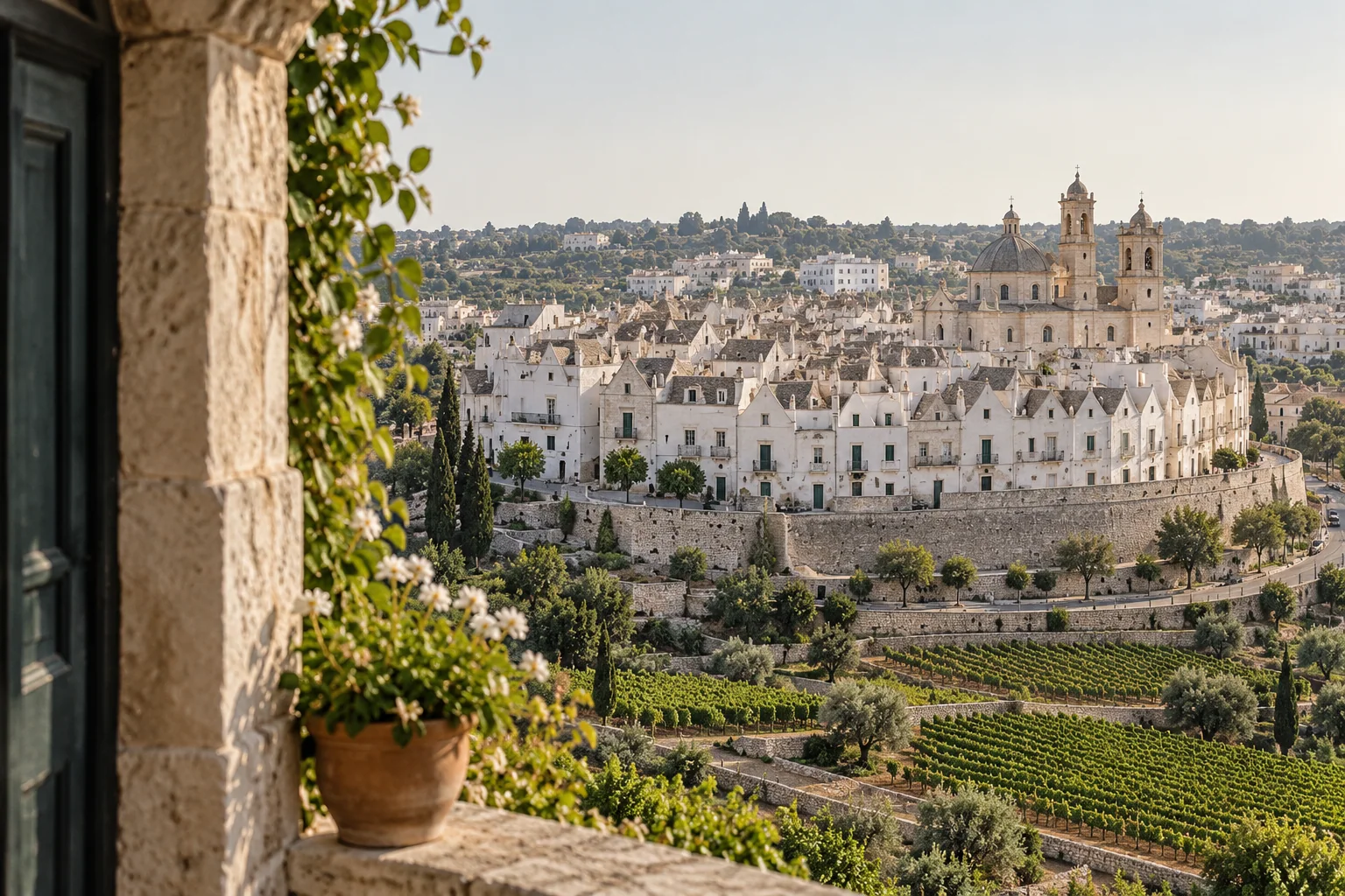 Locorotondo from above, a near-circular old town of white gabled roofs around a church