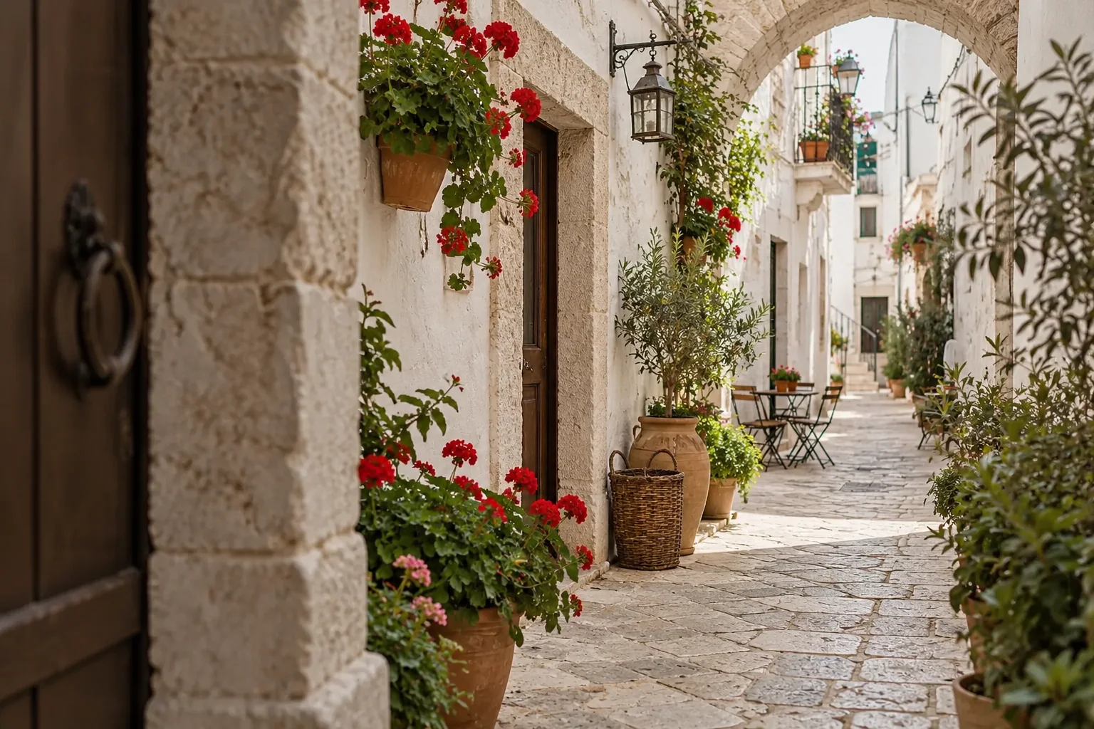 A whitewashed lane in Locorotondo with pots of geraniums and a stone arch