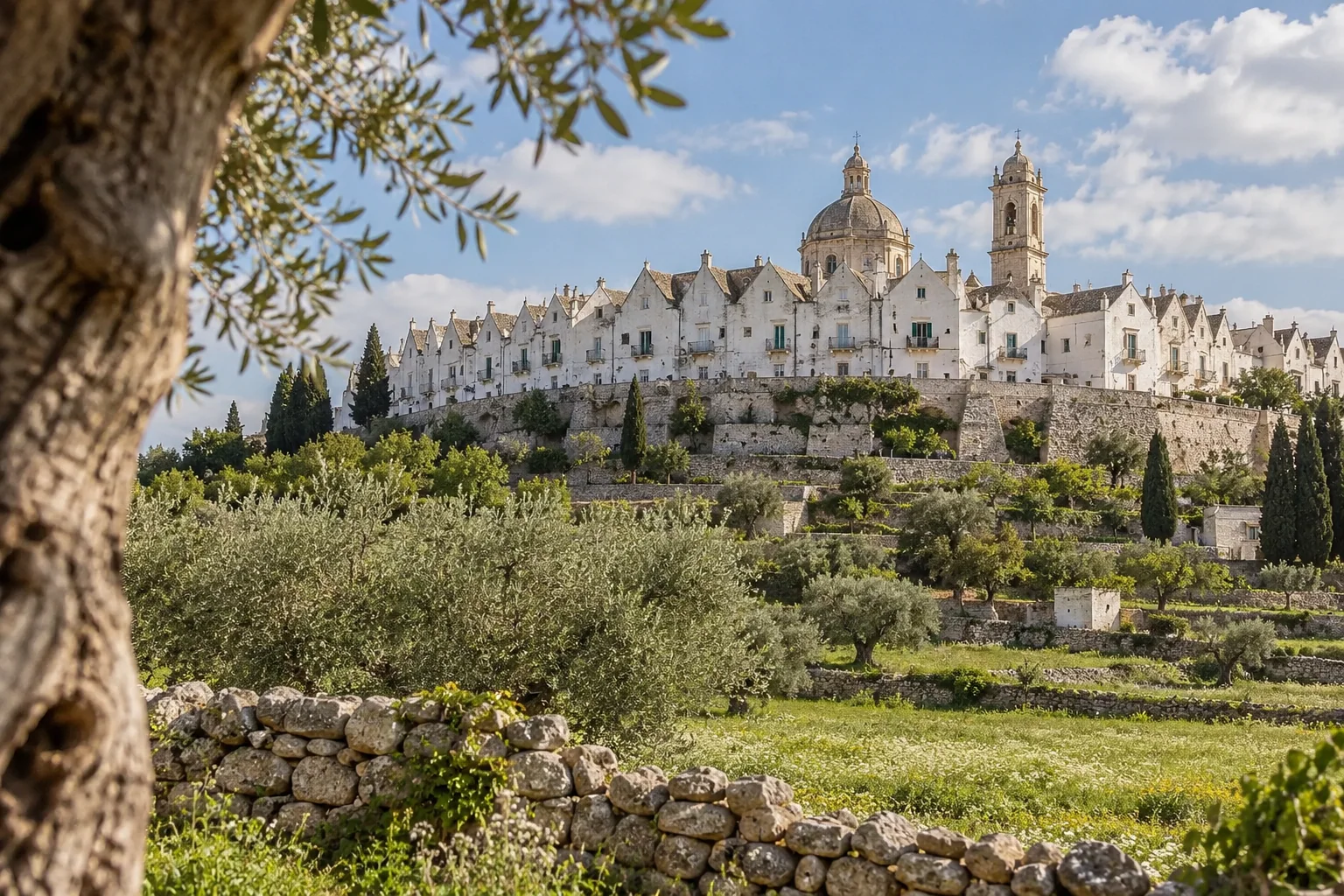 Locorotondo on its hill seen from the fields, white houses stacked around a domed church