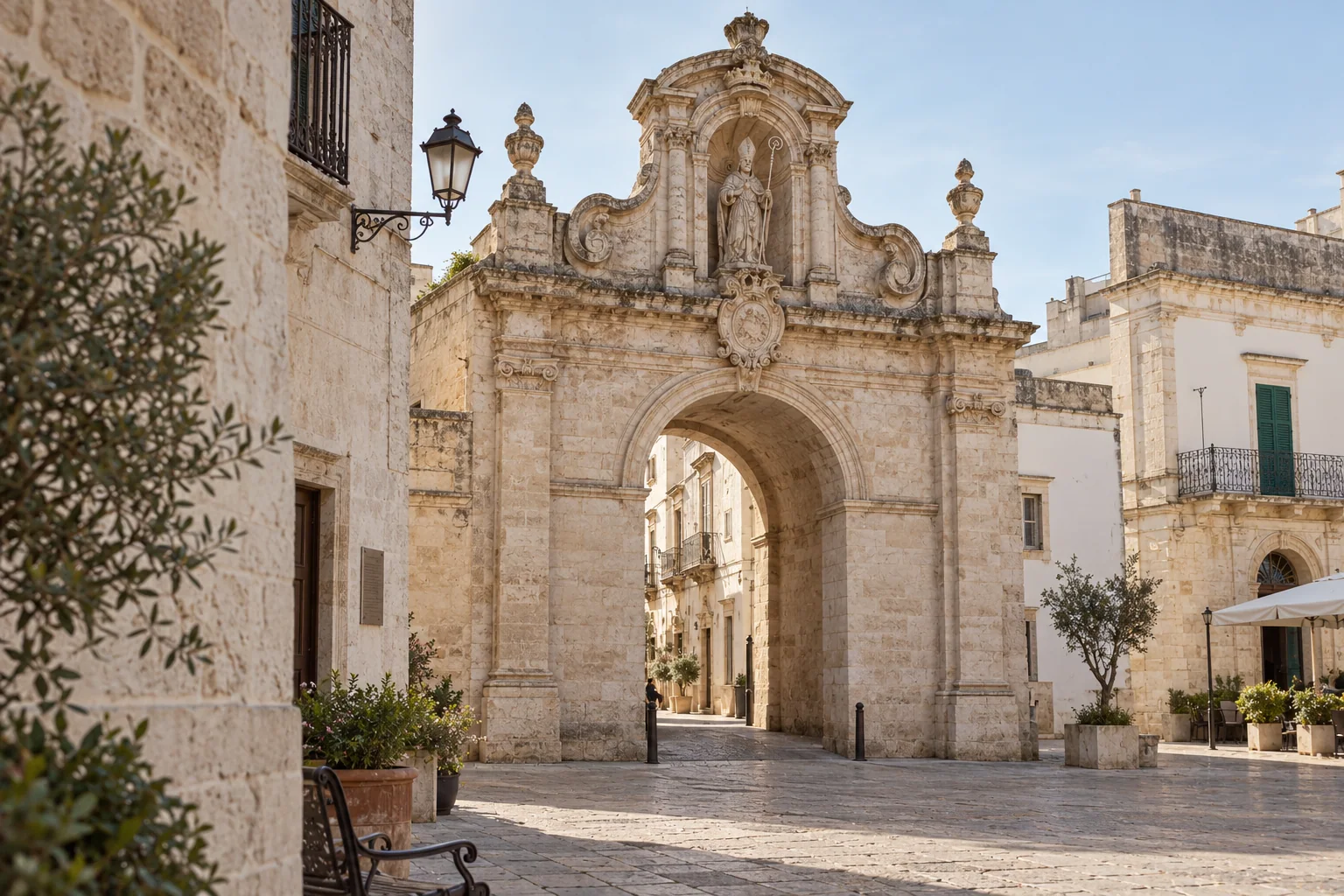 The Baroque Porta Santo Stefano at the end of a tree-lined promenade in Martina Franca