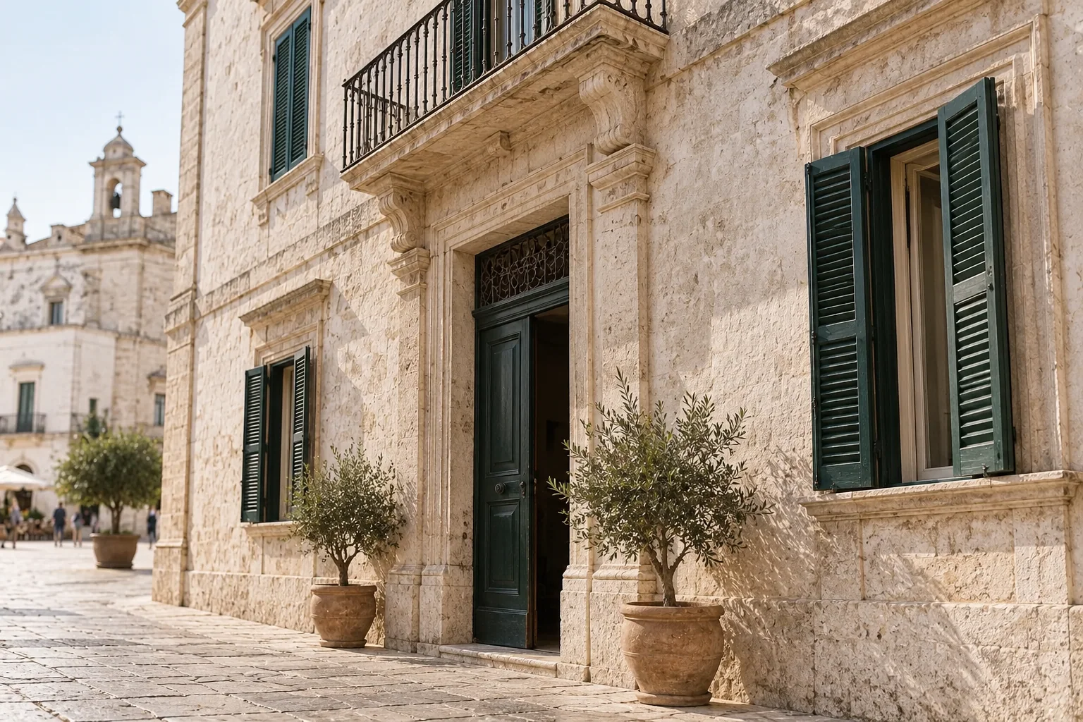 Plain pale stone doorway and green-shuttered windows of Palazzo Ducale in Martina Franca