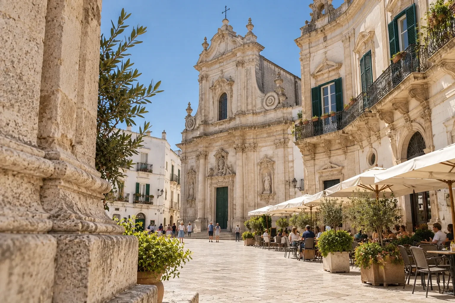 The Baroque basilica of San Martino on Piazza Plebiscito in Martina Franca, with cafe tables in the foreground