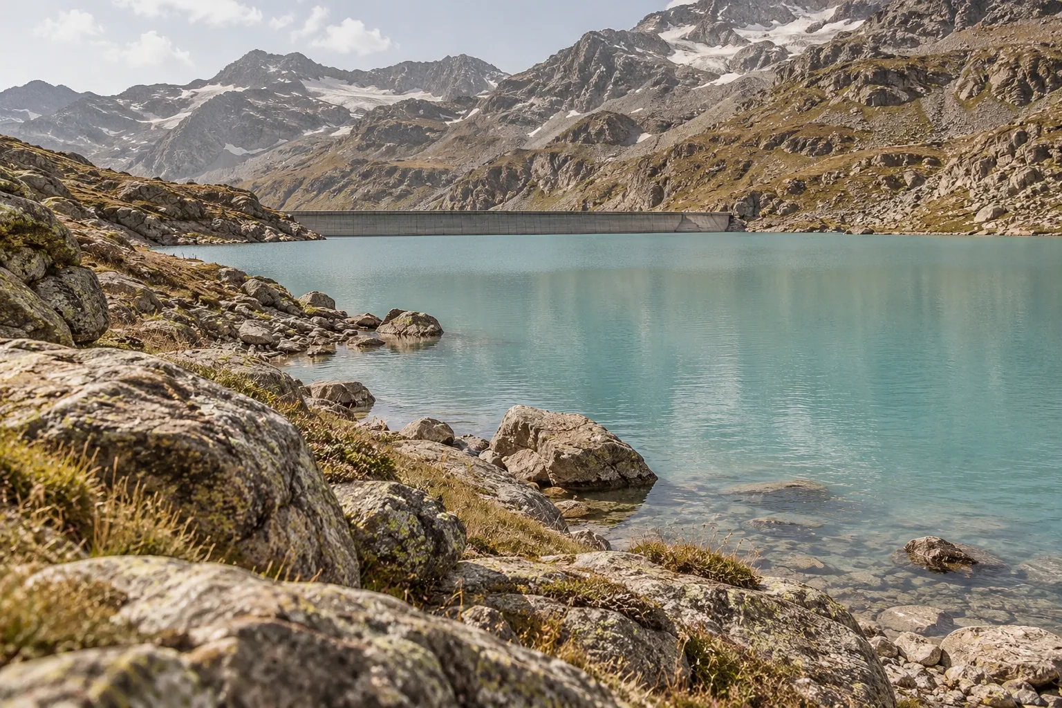 The pale waters and rocky alpine shore of Lago Goillet above Breuil-Cervinia