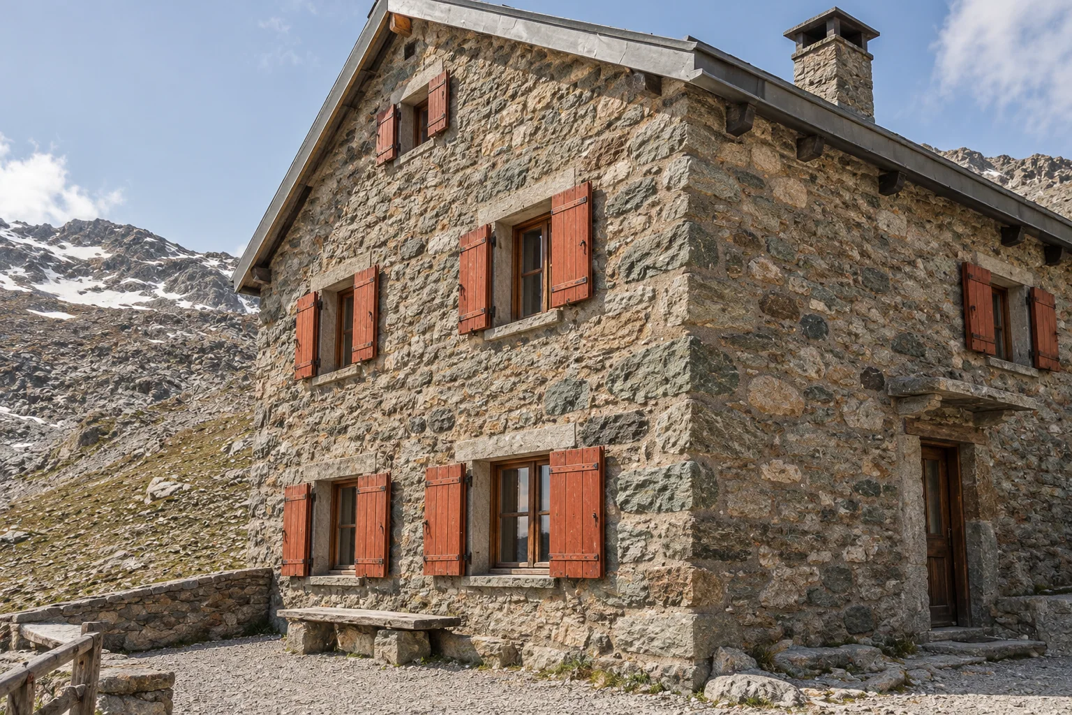 A stone mountain hut below the Grandes Murailles with hikers resting outside