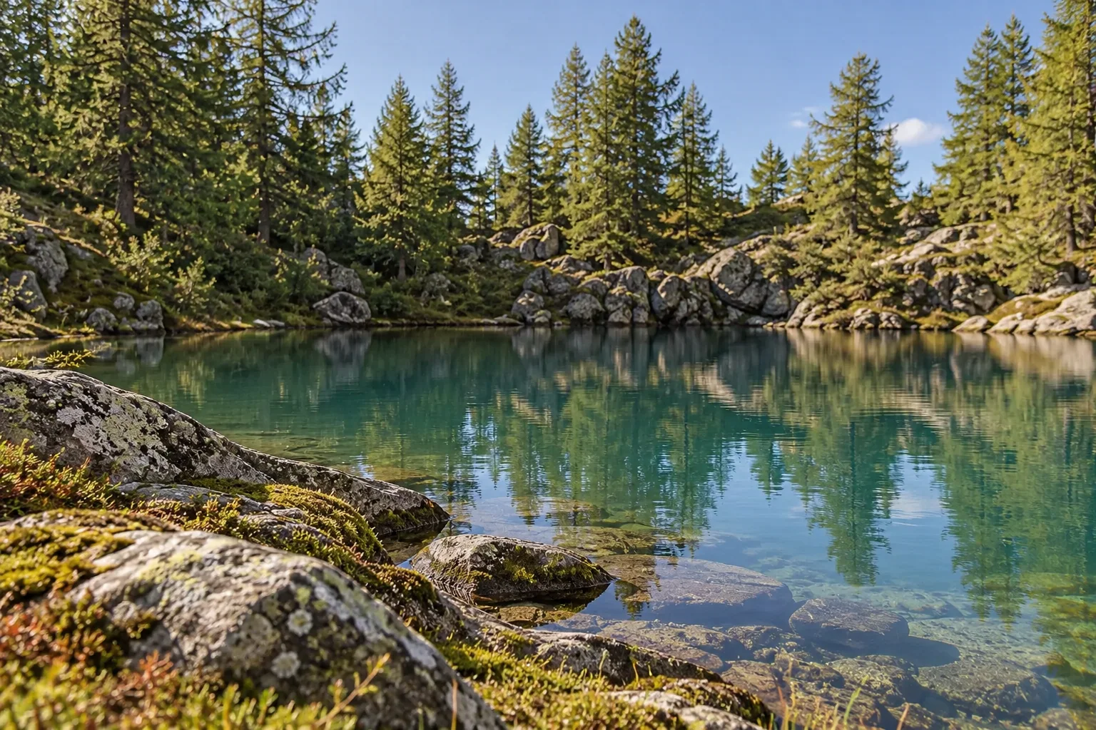 Evergreens and the rocky shore reflect in the clear waters of Lago Blu.