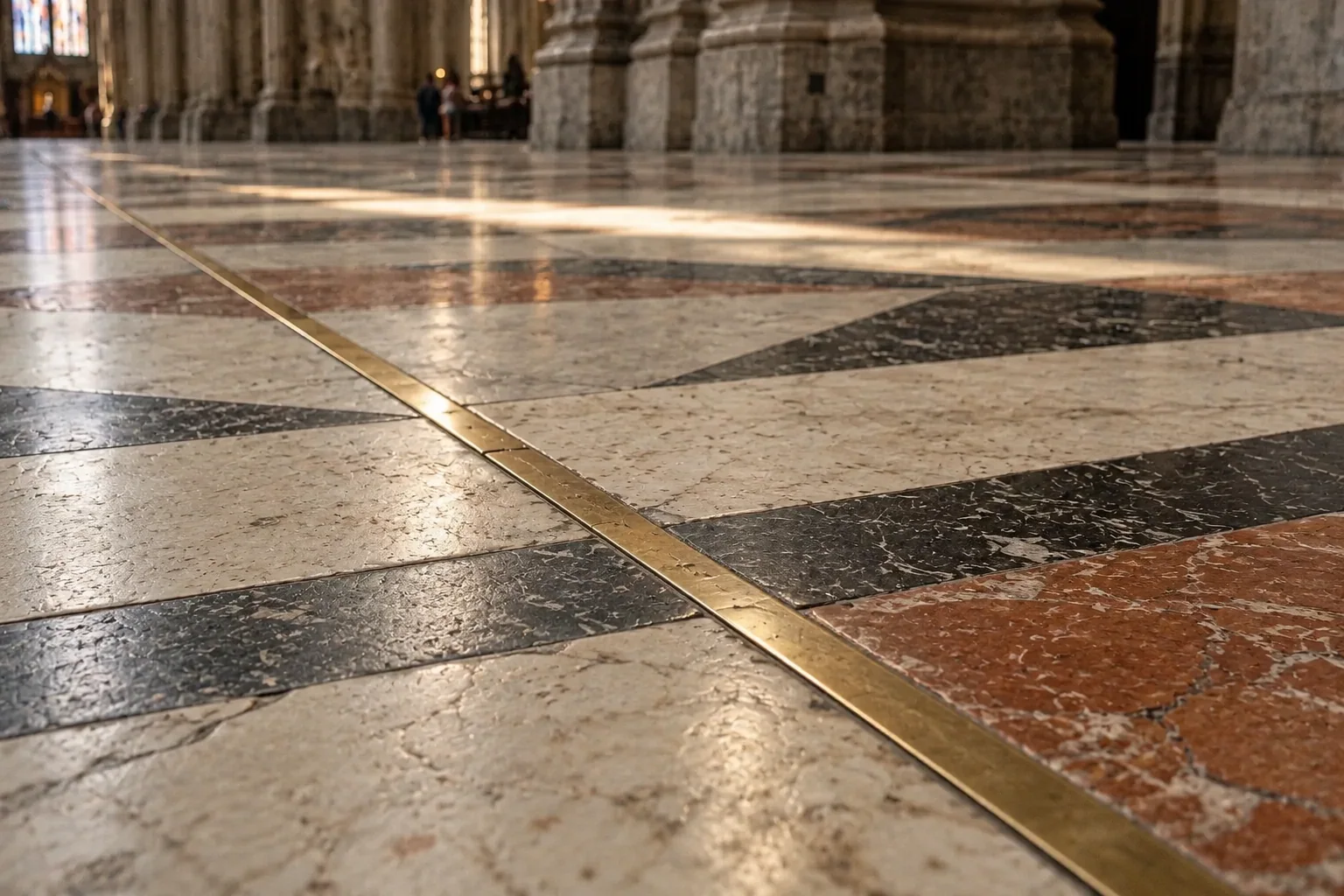 The meridian line in the marble floor of Milan Cathedral with zodiac signs and a spot of sunlight