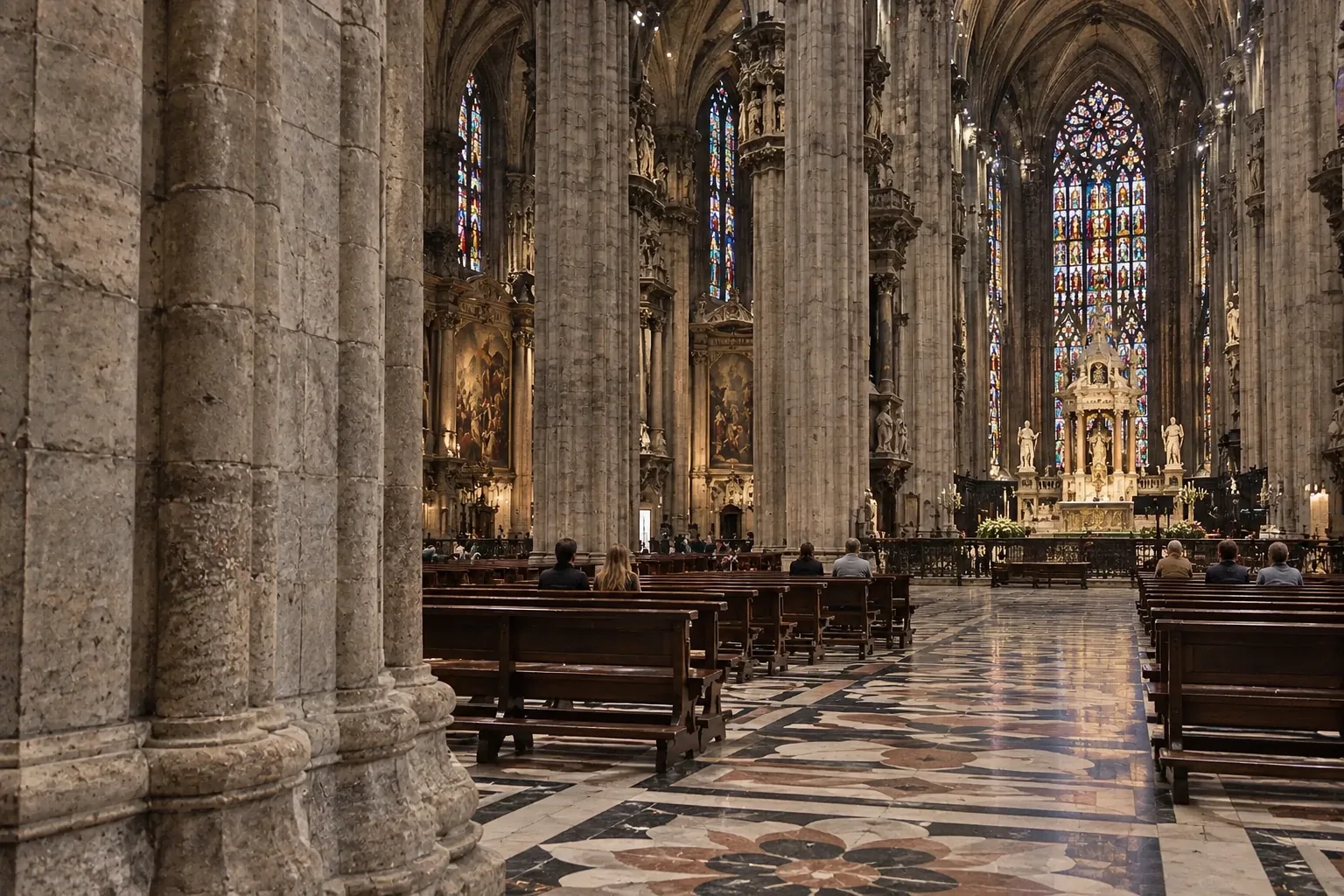 The nave of Milan Cathedral with clustered stone piers, wooden benches and a patterned marble floor