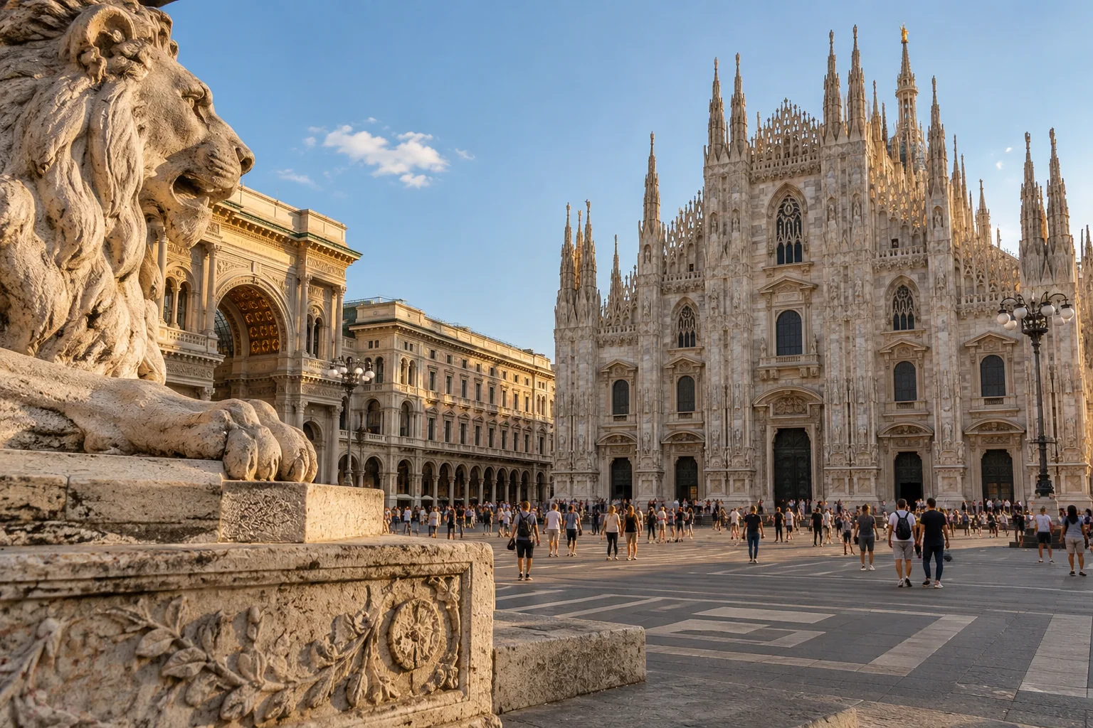 Milan Cathedral’s marble facade and pinnacles beside the arch of the Galleria in Piazza del Duomo at golden hour