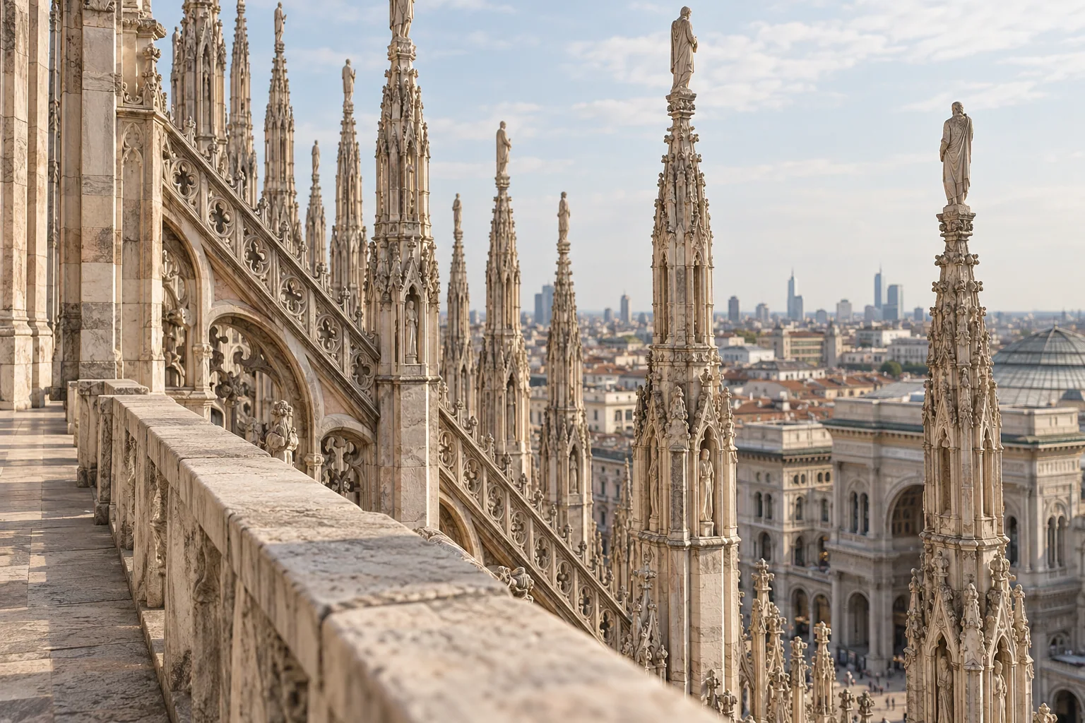 A row of tall marble pinnacles topped with statues on the rooftop terraces of Milan Cathedral
