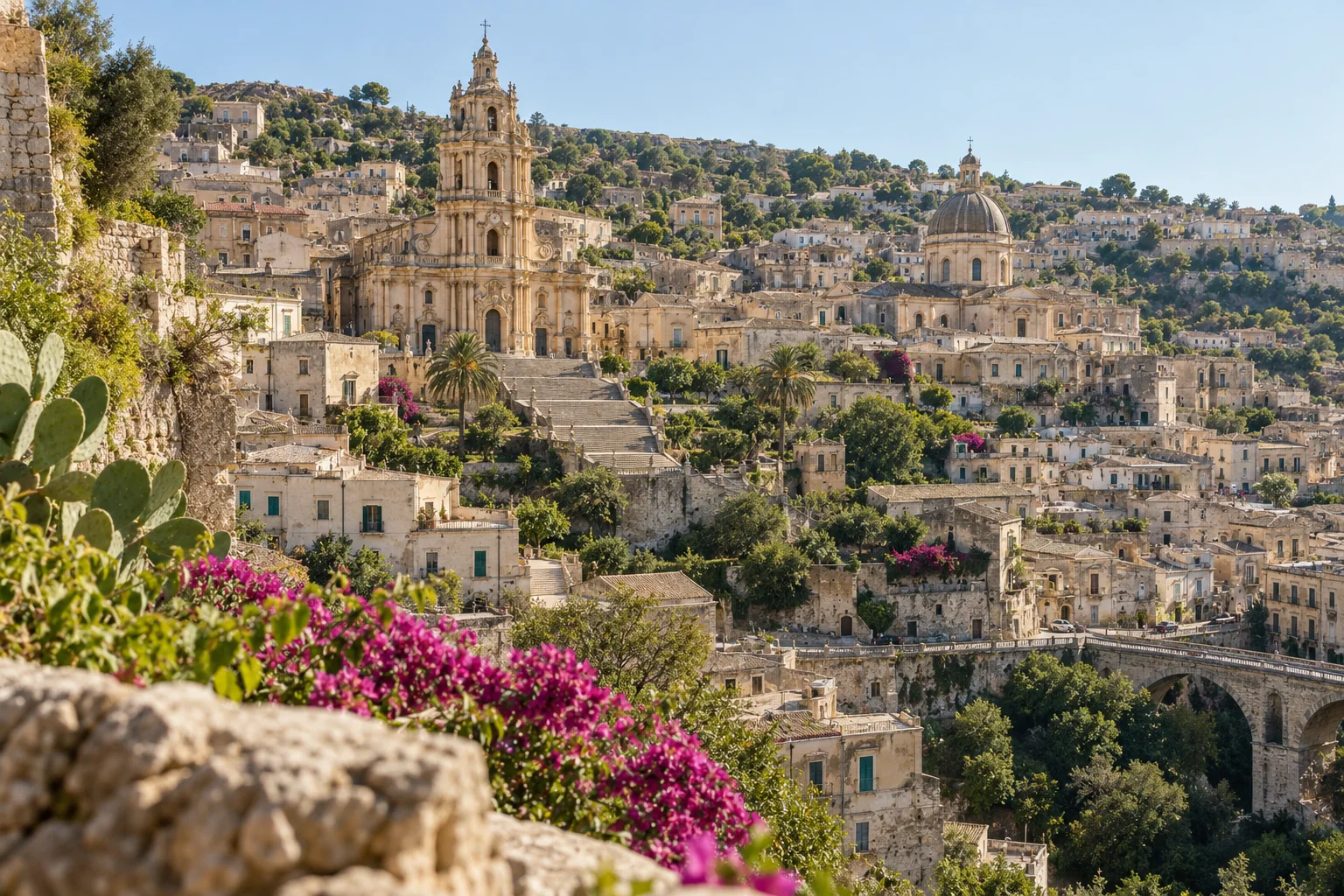 Modica stacked up a hillside in honey-colored stone, with the Duomo di San Giorgio above its monumental staircase