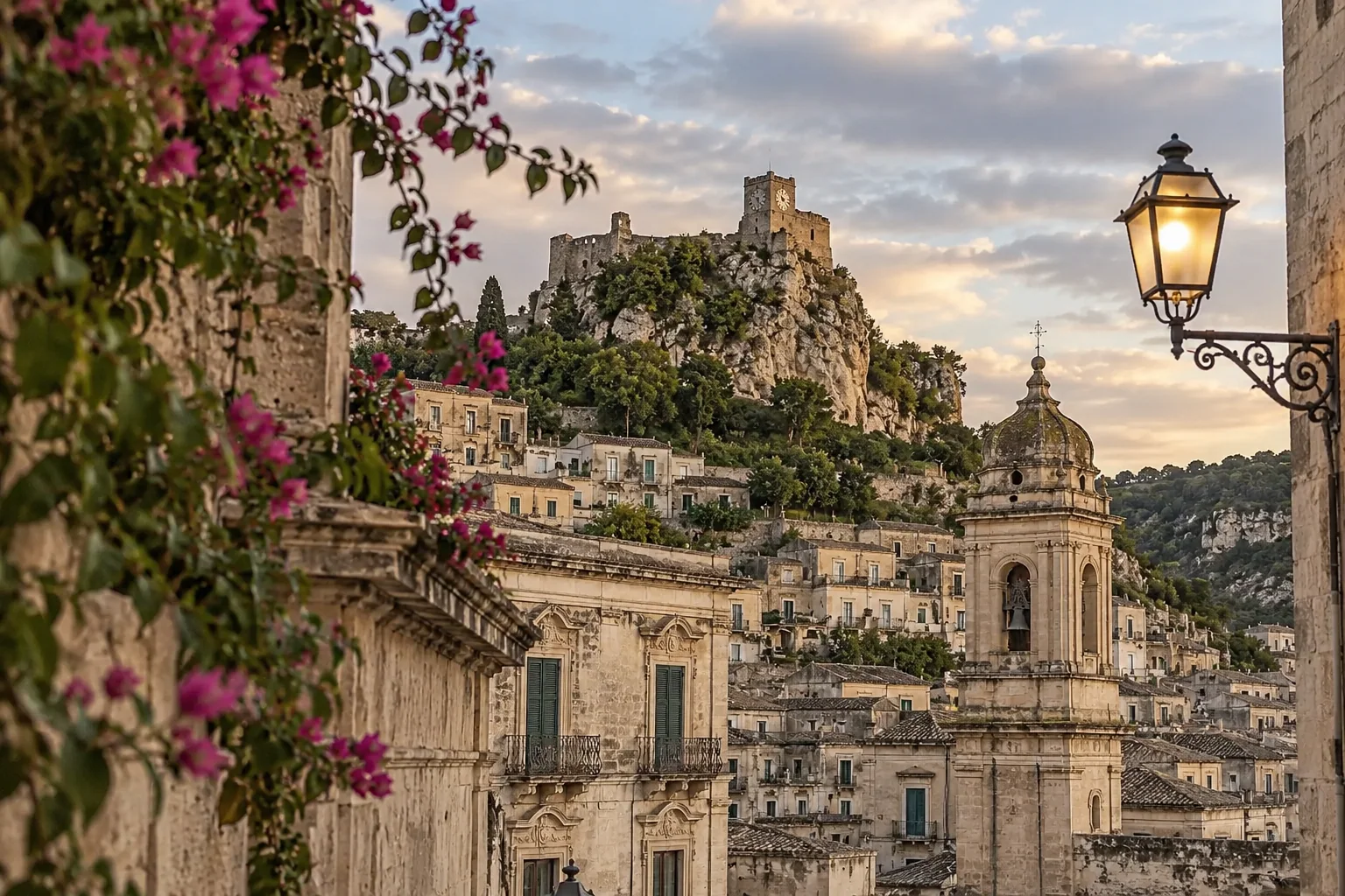 The Castello dei Conti with its clock tower on the rock above the rooftops of Modica at dusk