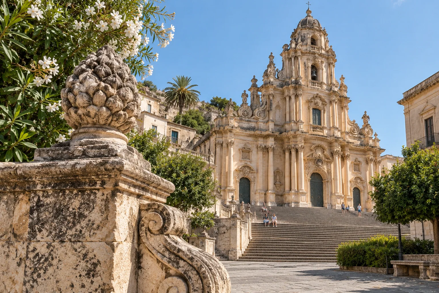 The Baroque facade of the Duomo di San Giorgio in Modica above its wide staircase, with visitors sitting on the steps
