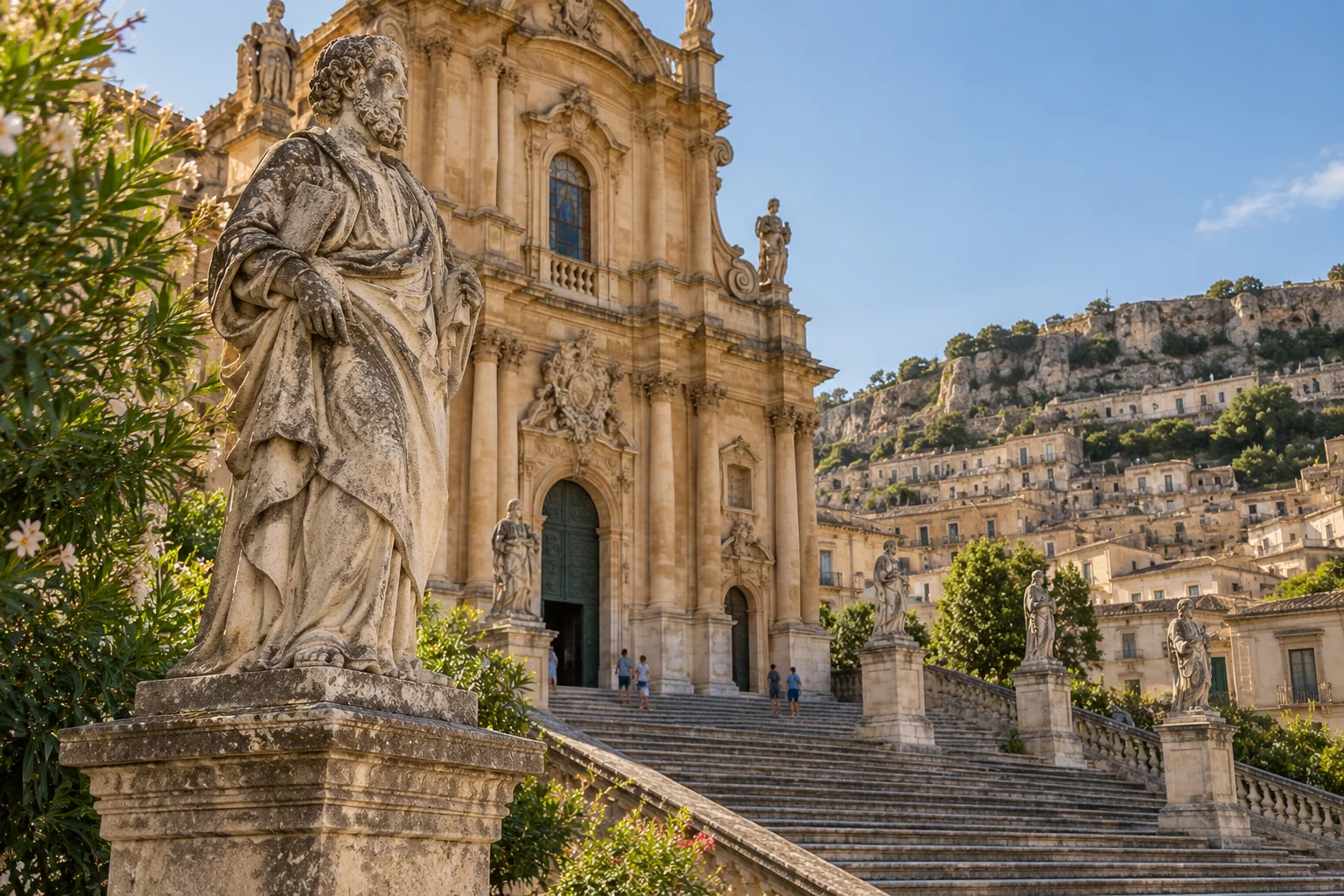 The Baroque facade of the church of San Pietro in Modica with statues of the apostles lining its steps