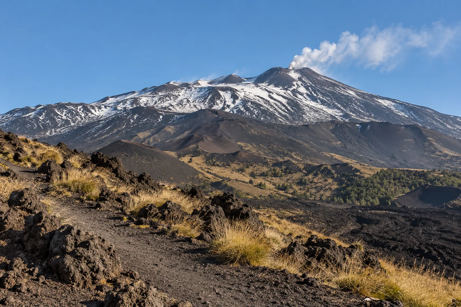 Mount Etna’s snow-streaked summit above black lava fields and tufts of dry grass