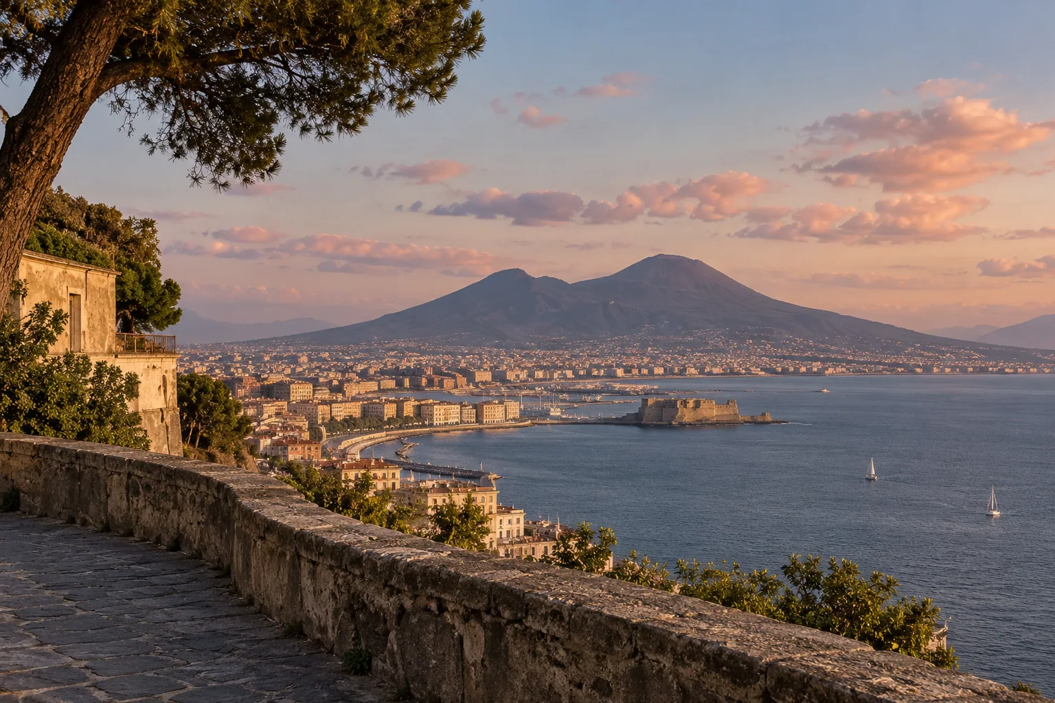 Vesuvius and Monte Somma across the Bay of Naples at dusk