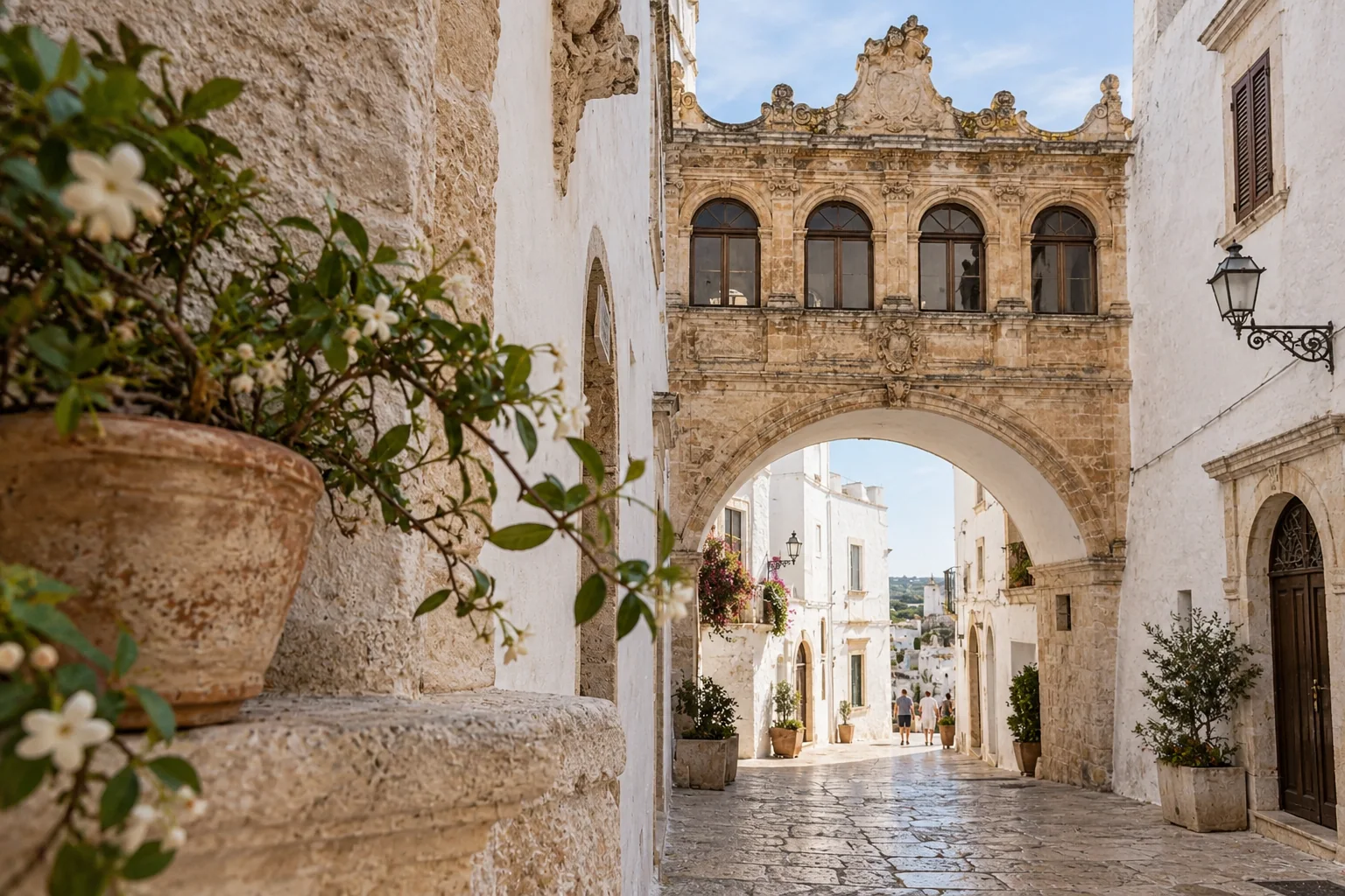 Arco Scoppa spanning a narrow whitewashed lane in Ostuni