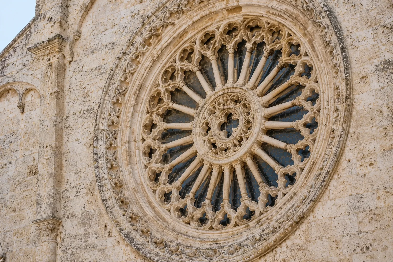 Radial stone spokes and carved limestone circles shape Ostuni cathedral’s rose window.