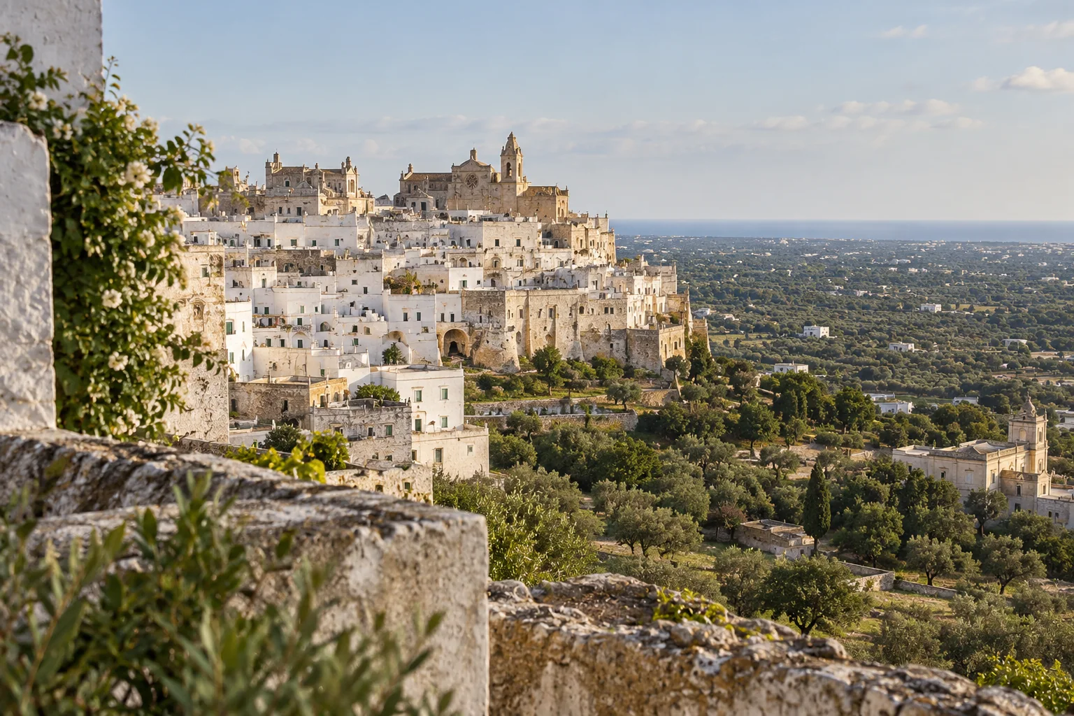 Ostuni's whitewashed old town rising above the olive plain