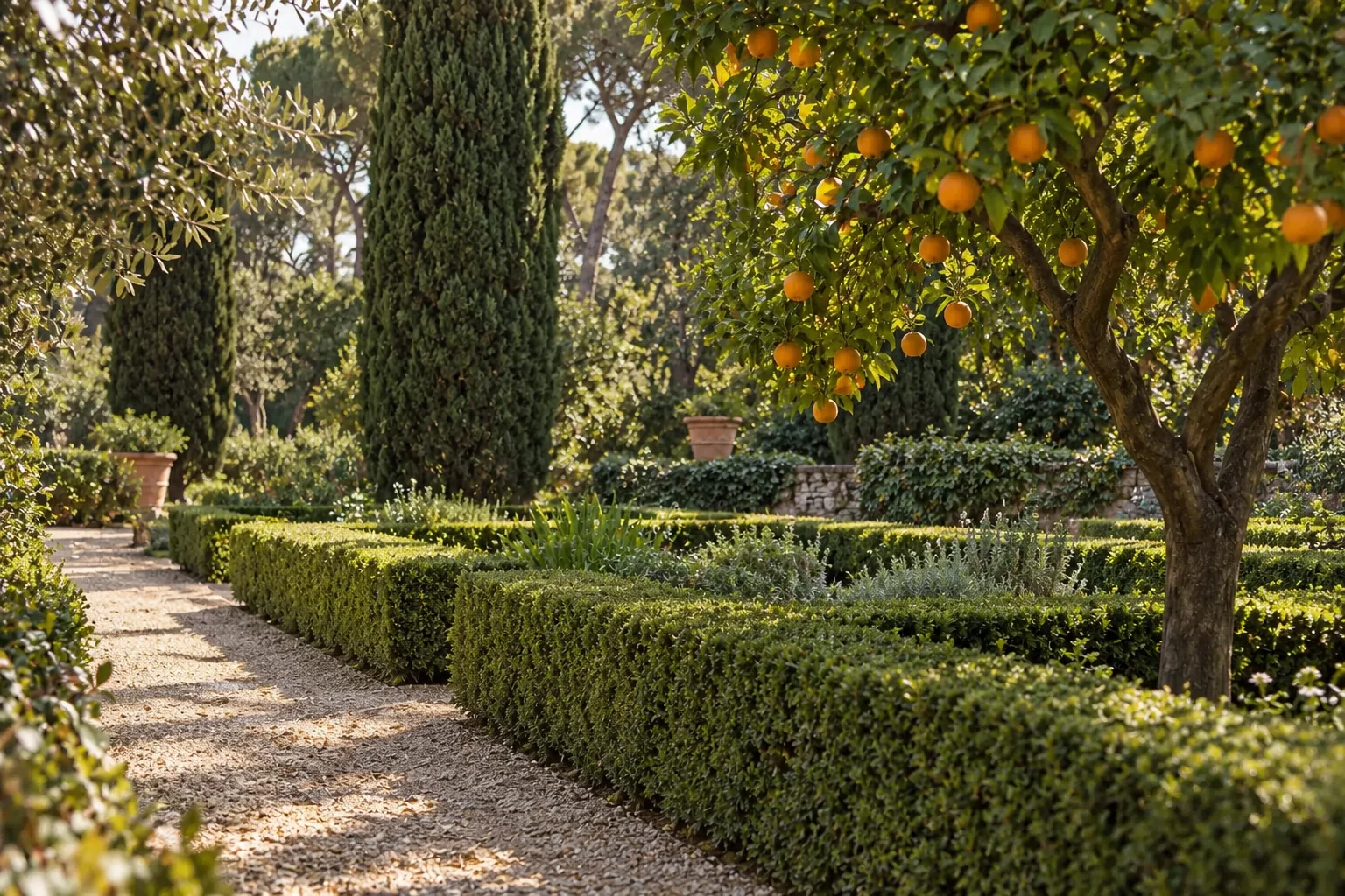 Low clipped hedges and mature citrus trees mark the garden paths on the Palatine.