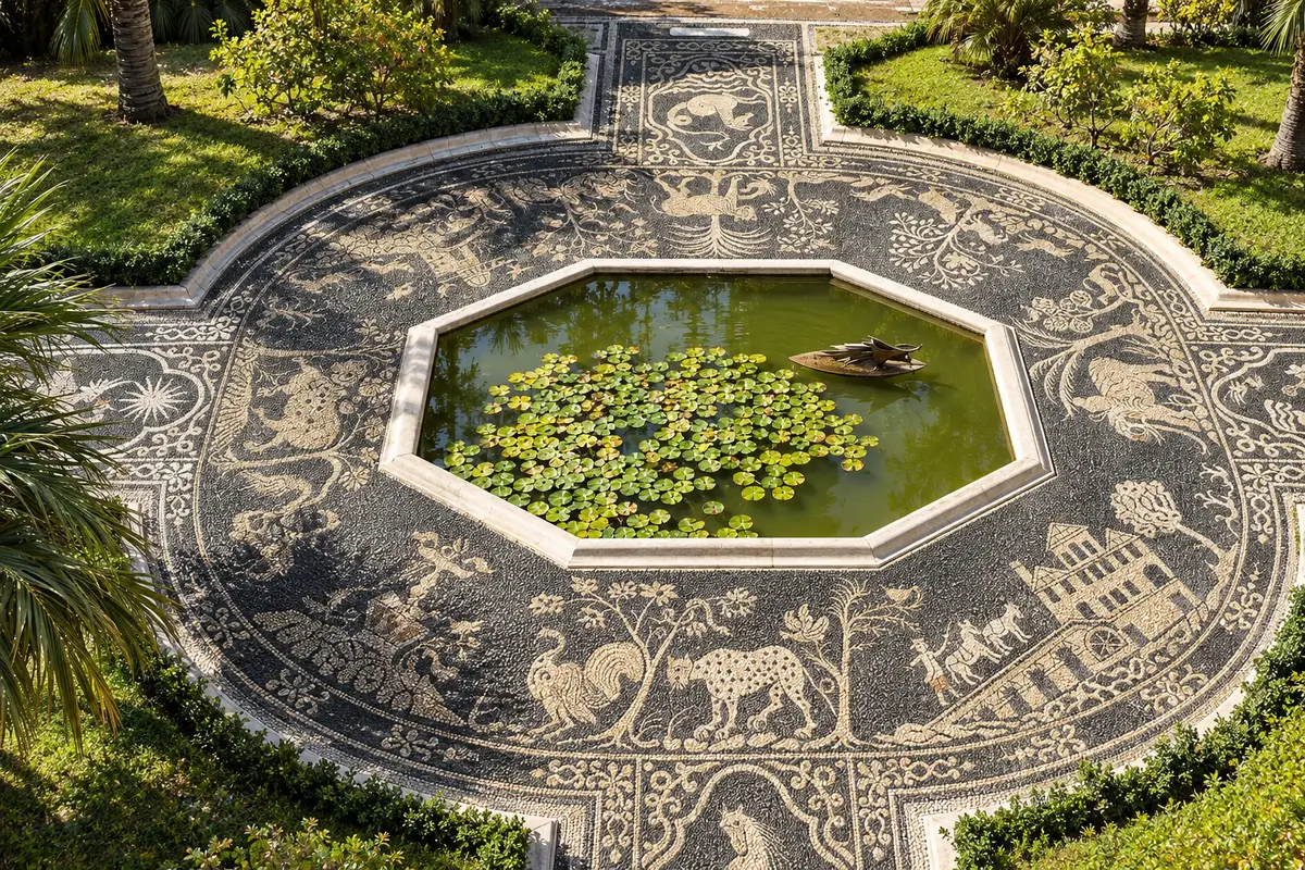 The octagonal pond and pebble mosaic in the garden of Palazzo Reale in Genoa
