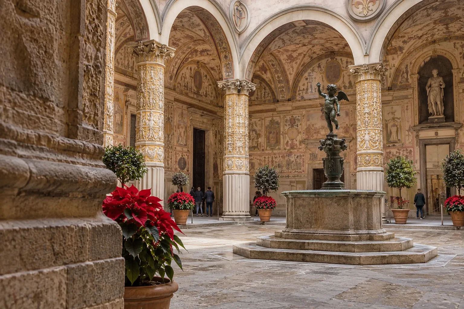 The first courtyard of Palazzo Vecchio with gilded stucco columns, painted vaults and a bronze fountain