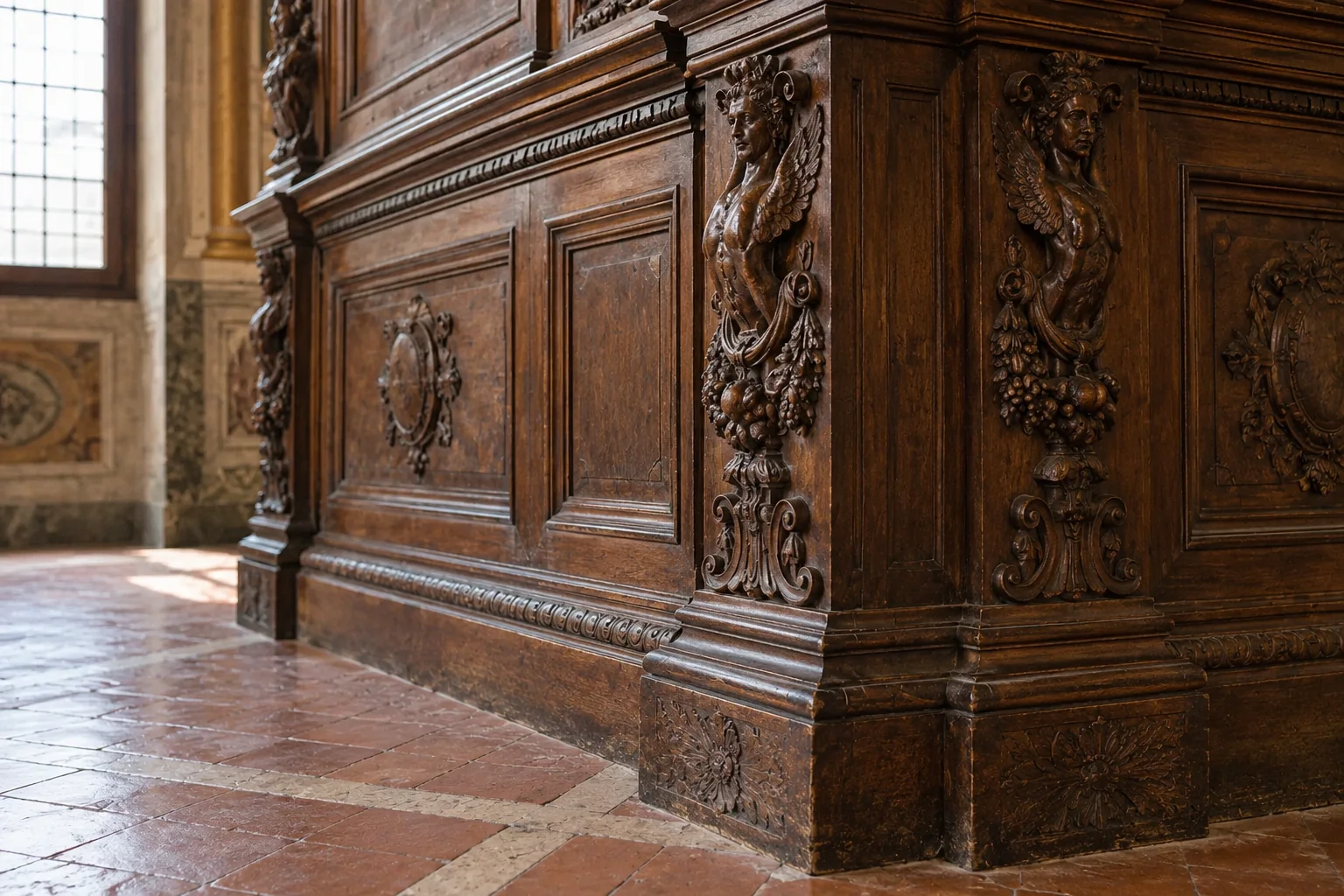 Dark carved walnut and terracotta flooring reveal the room’s material character.