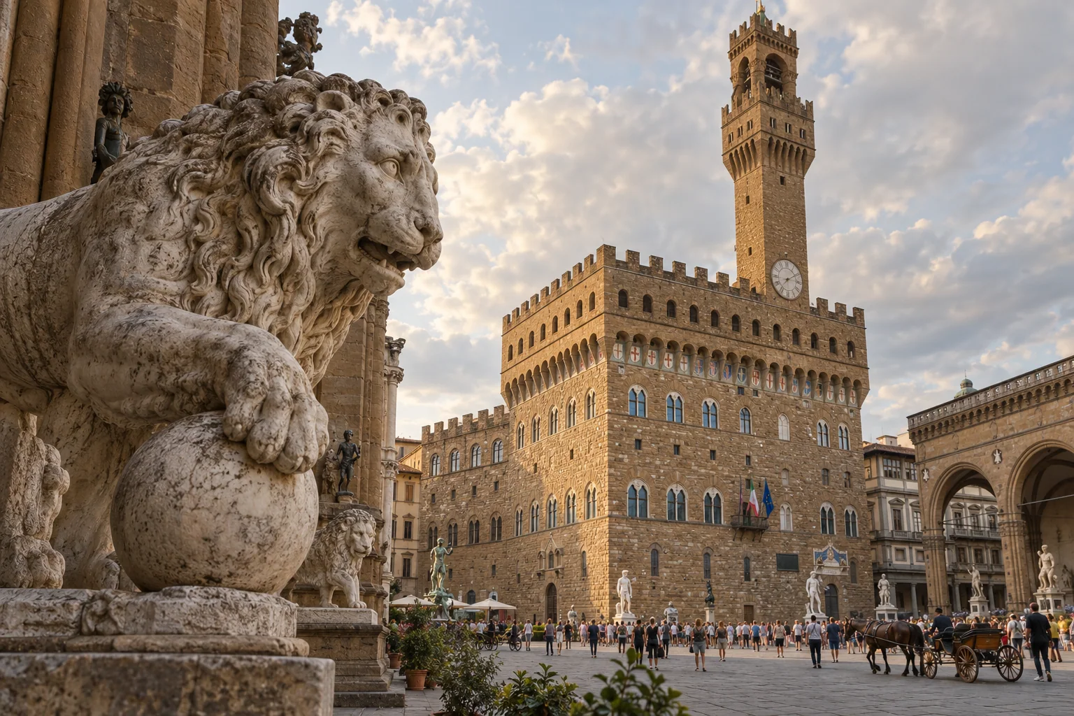 Palazzo Vecchio and its tall tower rising over Piazza della Signoria in late light