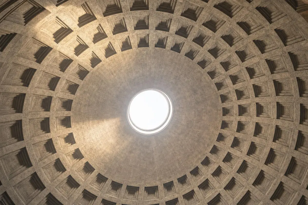 The open oculus and coffered dome inside the Pantheon in Rome