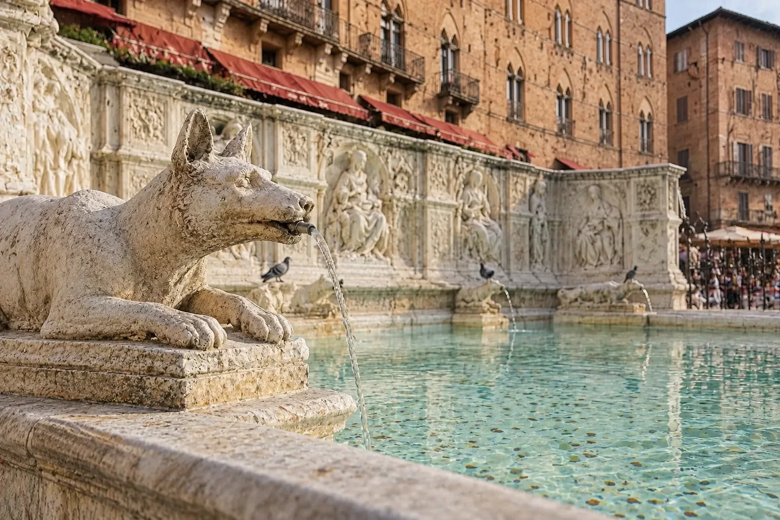 The white marble Fonte Gaia with turquoise water at the top of the Campo