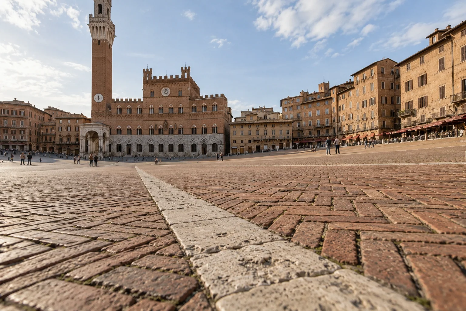 A low view across the brick paving and pale stone seam of Piazza del Campo toward Palazzo Pubblico in Siena