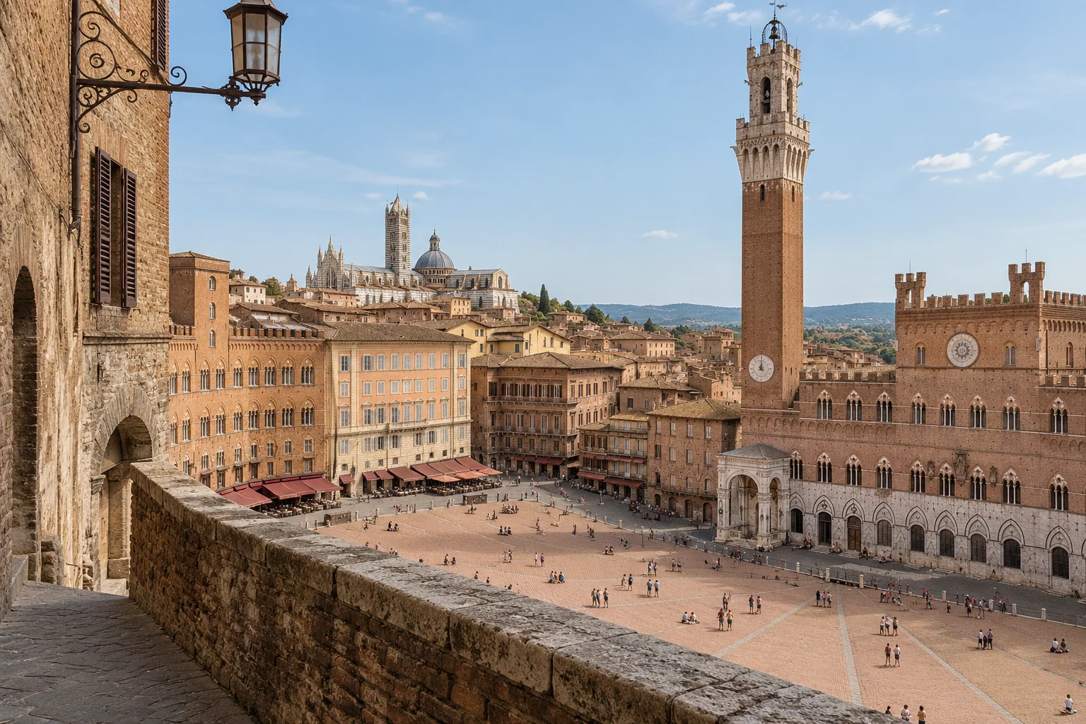 The shell-shaped Piazza del Campo in Siena seen from above with the cathedral tower on the skyline